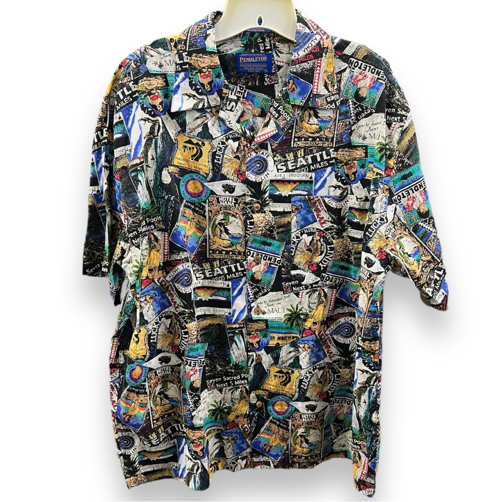PENDLETON Mens Hawaiian Tropical Print Camp Shirt Wood Buttons Size Large